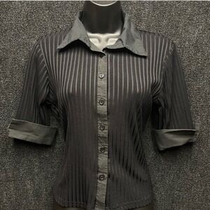 Rave Black Ribbed Button Down Shirt Short Sleeve Sheer Goth Y2K 90s Top Sz S/M